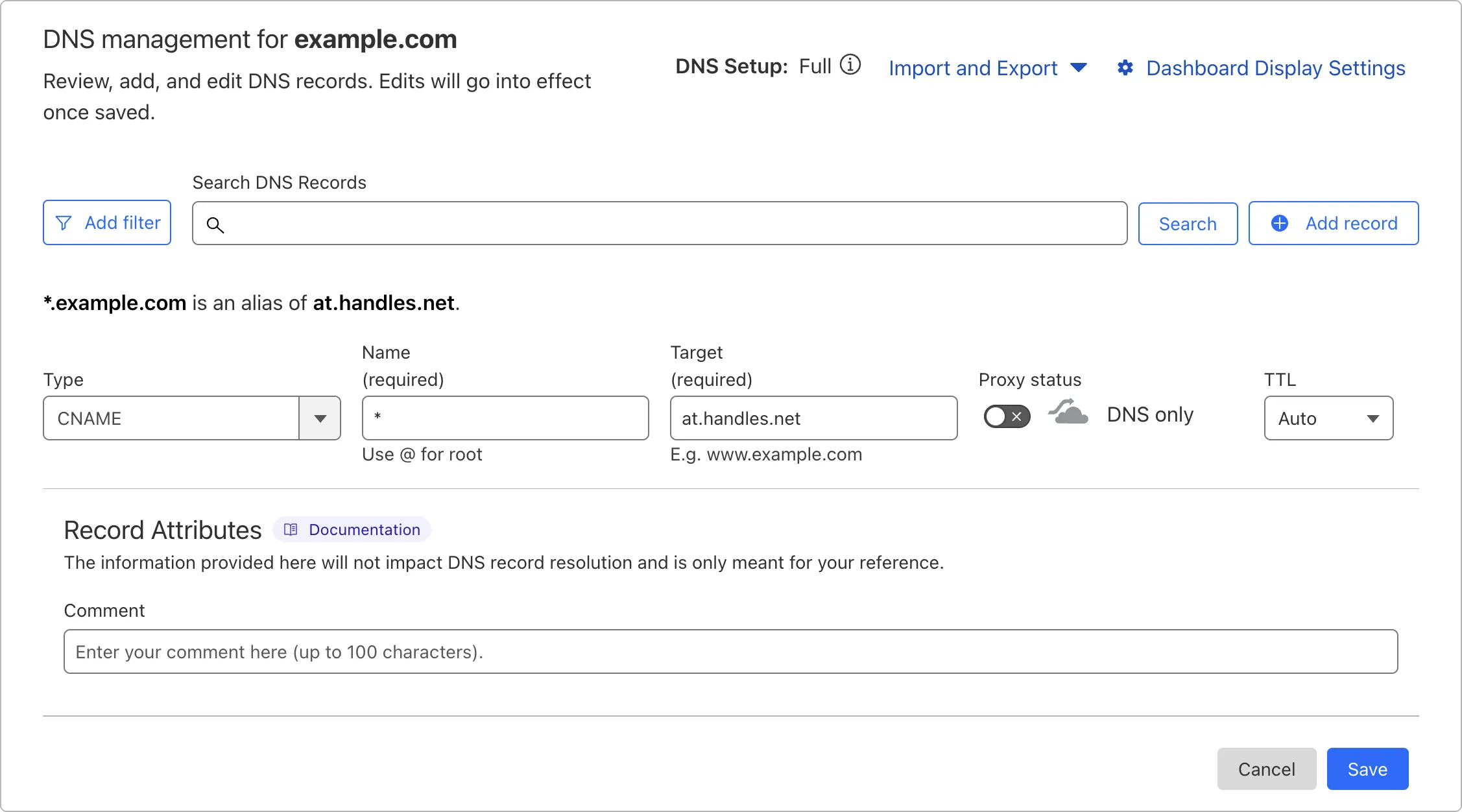 A screenshot of Cloudflare domain configuration form with values