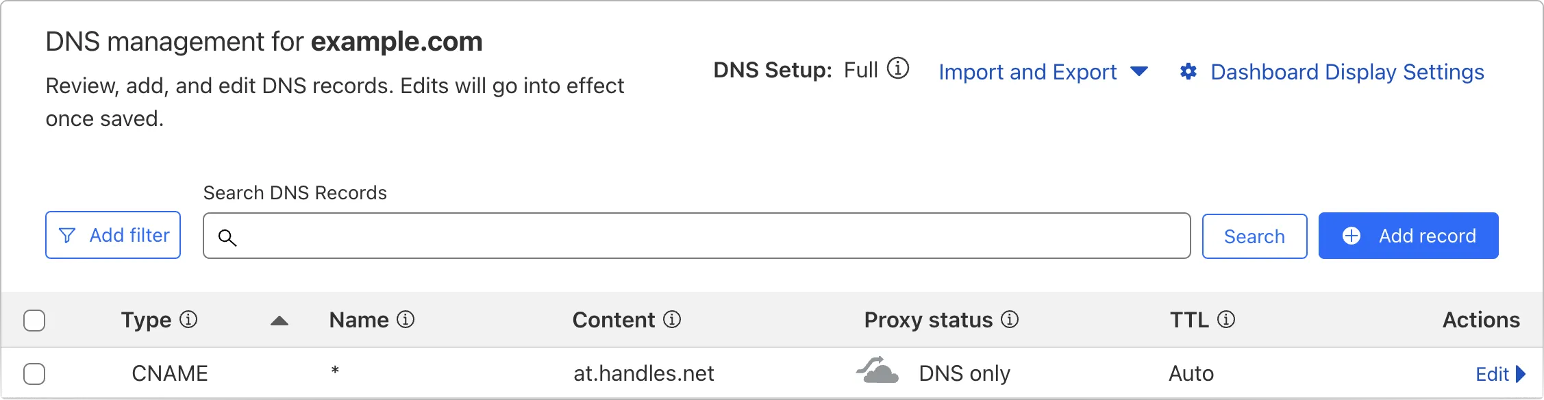 A screenshot of a configured Cloudflare configured CNAME record